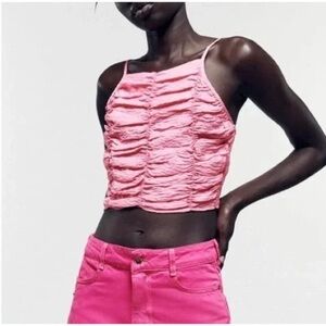 Zara Pink Draped Ruched High Neck Crop Top Pink Size Small